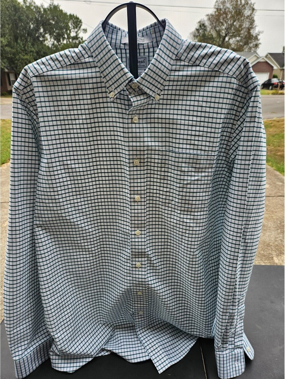 LL Bean Shirt Men Large 16.5-37 Green White Checkered Button Down Long Sleeve